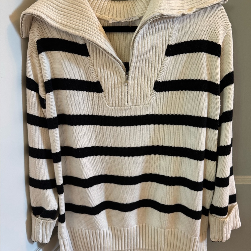 English Factory Black and Cream Striped Half Zip Sweater